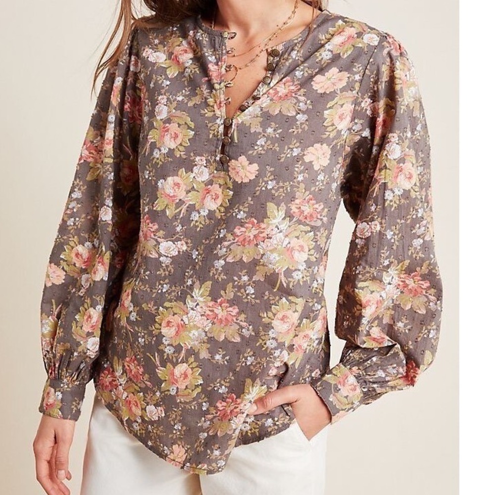 By Anthropologie peasant Floral Puff Sleeve Blouse S Boho‎ Metallic Cotton Top